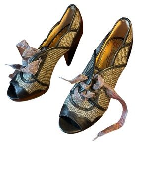 Poetic License Vintage-Inspired Black & Gold Peep Toe Heels with Ribbon Laces